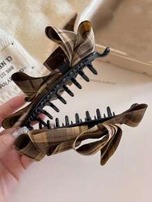 1个优雅棕色格子多层蝴蝶结发夹，复古扭结香蕉发饰，适合日常、休闲、派对、工作、度假、洗脸、化妆、搭配服装，可作发夹、发卡、发夹、头饰、女士发饰。