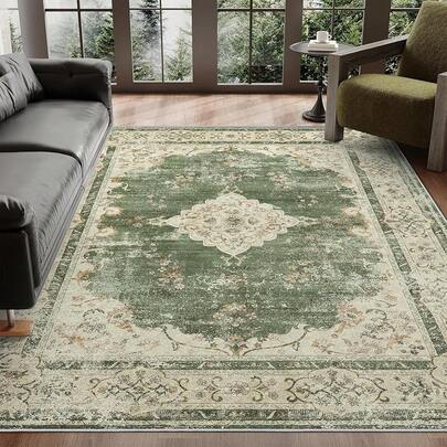 Washable 5x7 Ultra-Thin Area Rug, Stain Resistant Living Room Bedroom, Distressed Vintage Orange Rug