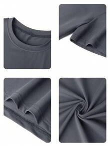 T-shirt ample à manches courtes, col rond, imprimé slogan simple, décontracté, idéal pour les vacances. Top pour un usage quotidien et les vacances. Top T-shirt pour femmes. - Gris foncé - Voir 4