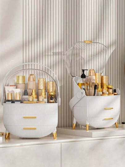 Large-Capacity Rotating Cosmetic Box With Lid And Dust-Proof Cosmetic Storage Box, Suitable For Bathroom Countertops, Bedroom Dressing Tables, Travel-Friendly Display Cabinets, Hand-Washable, Home And Travel Storage.