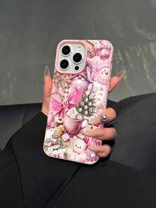 Estuche para teléfono con diseño de fantasía navideña rosa, lindo muñeco de jengibre y muñeco de nieve Adecuado para  17,  16 Pro Max,  15 Pro Max,  13 y  12 Equipado con función de protección anticaídas y anticaídas Un regalo ideal para familiares, amigos y seres queridos, lo que lo hace perfecto para las celebraciones navideñas - Rosa - Ver 3