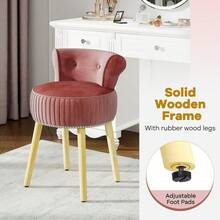 Velvet Upholstered Vanity Chair With Tufted Low Back And Solid Wood Legs, Gray & Black Makeup Stool For Bedroom And Dressing Room - Burgundy & Natural - View 6