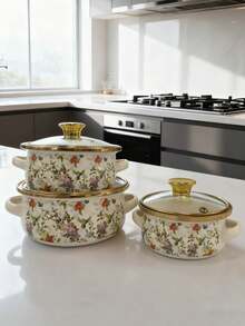 Set 3 Panci Enamel Berwarna-warni dengan Hiasan Emas, Termasuk Panci Susu Kecil, Panci Mie, Panci Sup, Cocok untuk Makanan Anak-anak, Kompor Induksi & Gas, Set Peralatan Masak Enamel Mini Rumah Tangga - set tiga potong - View 15