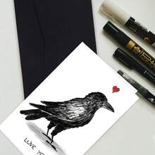 1pc Funny Crow "I Love You" Heart-Shaped Greeting Card, Black & White Minimalist Romantic Design With Red Heart Accents, Unique Anniversary, Valentine's Day Gift For Boyfriend, Girlfriend, Husband, Wife, Birthday Party & Couples Event Supplies - Multicolor - View 3