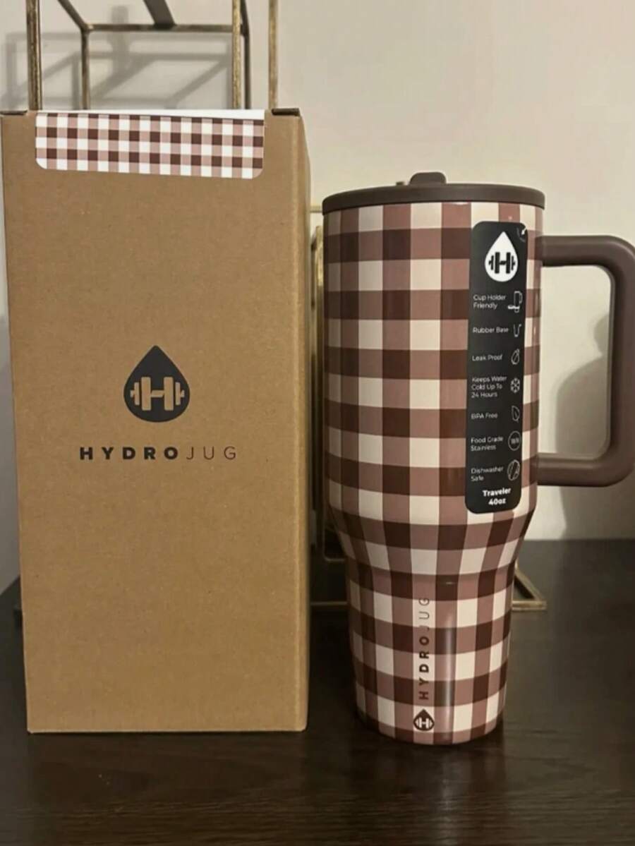 ACTA Hydrojug 32oz,40oz Traveler Coconut Brown Gingham Limited Edition Water Bottle With Handle & Flip Straw - Fits In Cup Holder, Leak Resistant Tumbler-Reusable Insulated Stainless Steel & Rubber Base - Gifts For Women & Men, - 彩色 - 查看 1