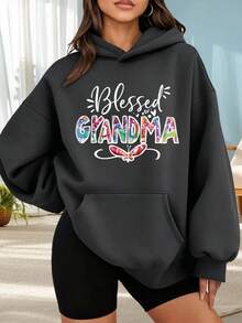 Fashionable Outdoor Hooded Sweater For Women. Black Hoodie With Floral Print And "Grandma" Text, Ideal For Everyday Wear, Special Occasions, And Spring/Summer Season. Perfect For Dates, Outings, And Holiday Gifts. The Best Choice For A Date Night. - 深灰色 - 查看 6