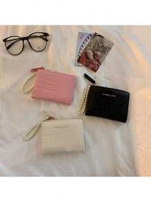 YUQING.FC Cartera de mano Cartera plegable con cadena de perlas falsas con relieve de cocodrilo, de estilo coreano minimalista de moda, para mujer, como regalo de cumpleaños 307-50B - Negro - Ver 6
