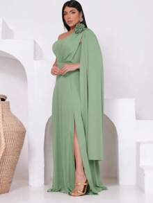 Women's Long Party Dress, One Shoulder, Draped With Slit – Elegant Fluit Fabric For Bridesmaids, Weddings, And Graduations – One Size Fits All. Elegant Asymmetrical Party Dress For Weddings. - 薄荷綠 - 查看 4
