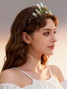 1 pieza Elegante diadema de corona hecha a mano con hoja de aleación verde y piedra natural, adecuada para eventos y atuendos de fiesta de mujeres - Verde - Ver 4