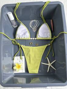 Conjunto de bikini de 2 piezas sexy para mujer Suntide - Tela de jacquard verde aguacate con decoración de cuentas degradadas blancas, traje de baño para fiesta de playa, vacaciones de primavera - Verde Lima - Ver 7