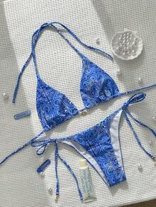 Bộ bikini 2 mảnh họa tiết hoa xanh cổ điển gợi cảm dành cho nữ năm 2025 - Nhiều màu - Xem 1