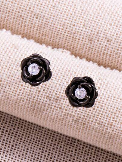 1 Pair Elegant Vintage Minimalist Rose Shaped Rhinestone Stud Earrings, Fashionable & Versatile