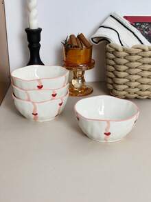 1pc/2pcs Ins Style Ribbon & Heart Ceramic Bowl, Household Rice Bowl, Breakfast Yogurt Oatmeal Bowl, Fruit Salad Bowl, Afternoon Tea Dessert Ice Cream Bowl, Festive Party Tableware