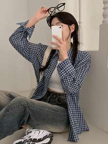 经典格子时尚韩版休闲宽松长袖上衣，新款外套衬衫 - 藏青色 - 查看 5