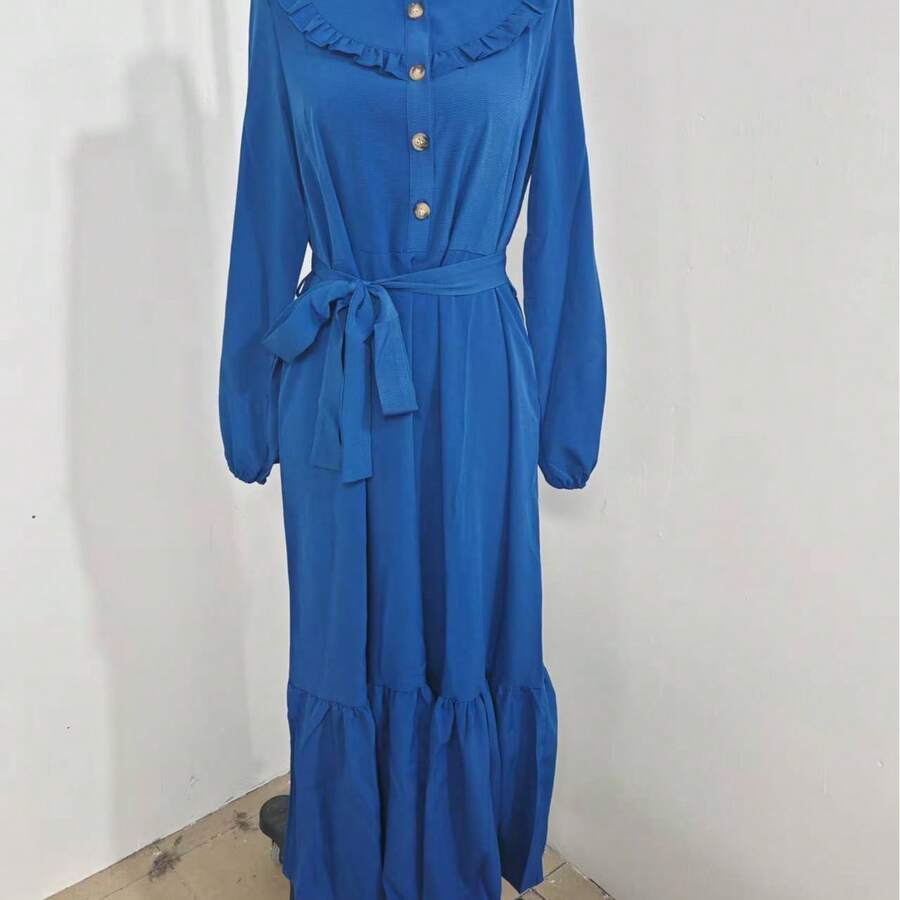 Elegant Women's Navy Blue Dress, Sexy Deep V-Neck Puff Sleeve Design, Summer Fashion,Modest - Blue - View 1