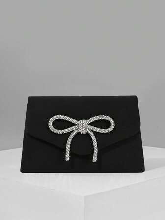 迷你丝绒手提包，闪亮水钻蝴蝶结装饰，女士晚宴包，带链条，适合派对和婚礼