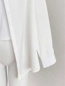 Camisa de solapa de manga larga y abotonadura sencilla de unicolor con bordes enrollables. Parte superior versátil para el trayecto diario, el trabajo y las citas en primavera y otoño. Blanco - Blanco - Ver 5