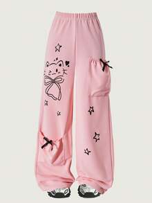 Quần ống đứng dáng rộng cho bé gái, màu xám nhạt với họa tiết mèo và sao dễ thương, chất vải mềm mại và thoải mái, thiết kế túi nơ, thích hợp cho mùa xuân, hè, thu, đông. - Hồng - Xem 4
