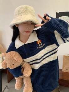 Casual Polo Collar Colorblock Striped Drop Shoulder Sweater, Autumn/Winter - Navy Blue - View 4