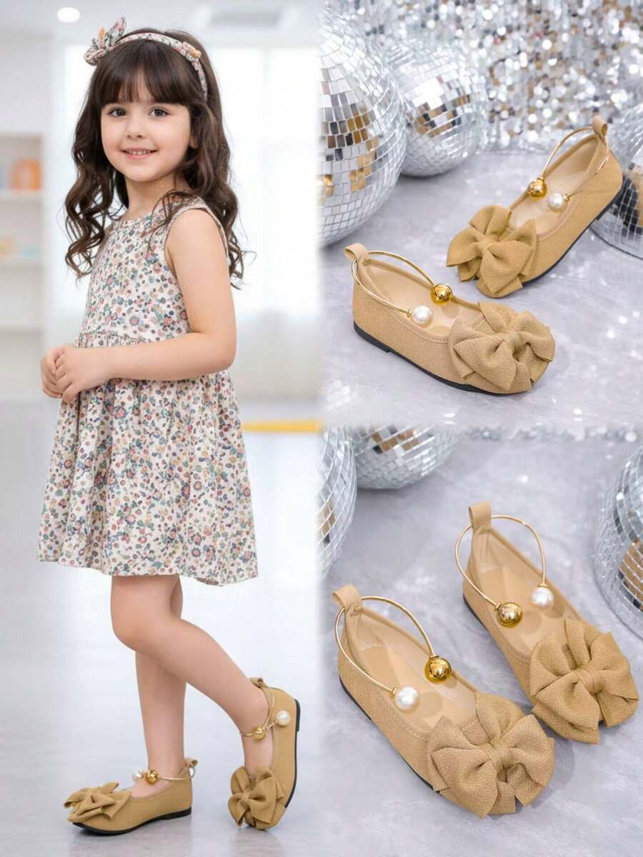 1 Pair Brown Fabric Bow Decor Soft Fabric Flat Loafers, Dual-Tone Large Pearl Metal Decor Minimalist Design, TPR Sole Round Toe Casual Slip-On Shoes Suitable For 3-12 Years Old Female Students For Daily, Casual, Holiday, Campus Wear, Spring/Summer New Arrival - Brown - View 1