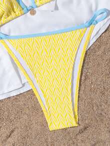 Bộ bikini Suntide kẻ sọc, họa tiết sọc vàng trắng, viền xanh nhạt, buộc dây bên hông, áo ngực tam giác kiểu yếm, đồ bơi 2 mảnh dành cho nữ, thích hợp cho kỳ nghỉ biển. - Màu vàng - Xem 6