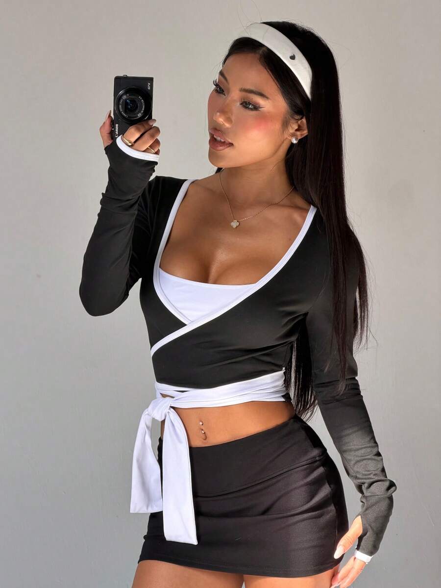 Pure Y2K & Sexy Black - White Color - Block Cross Tie Cropped Top, Y2K Girl's Clever Two - In - One Crop T - Shirt, American Retro Slim - Fitting Top With Design Sense - Black - View 1