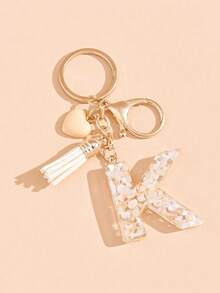 26 Choices Red Epoxy First Initial Letter Keychain, Cute Heart Tassel Keychain, Fashion Bag Accessory Wallet Charm Pendant, Party Favors, Suitable As Gifts For Friends - Beige - View 18