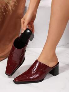 FVPFVP Sandale fără mâneci pentru femei, stil european și american, cu toc înalt și platformă, din piele moale, cu vârf pătrat, cu imprimeu floral în relief, sandale la modă pentru exterior, cu toc gros și fără spate - Burgundia - Vizualizare 3