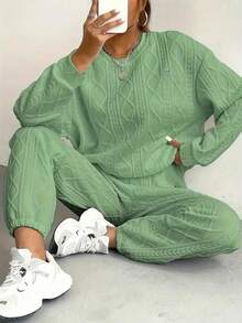 Women's Cozy Cable Knit 2-Piece Tracksuit Set - White & Multi Colors, Loose Fit, Long Sleeve Round Neck Top & Pocketed Joggers, Solid Color, Fall/Winter Outfit, Casual Outdoor Activewear, Versatile Full-Age Loungewear | Cable Knit Texture | Women's Minimalist Sporty Sweatsuit - 綠色 - 查看 1