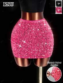 RNU 亮片丝绒紧身迷你裙，弹力休闲夜店装，适合情人节、办公室、派对、演唱会、日常穿着、生日、新年、度假、约会，春夏秋冬皆宜。 - 玫紅色 - 查看 1