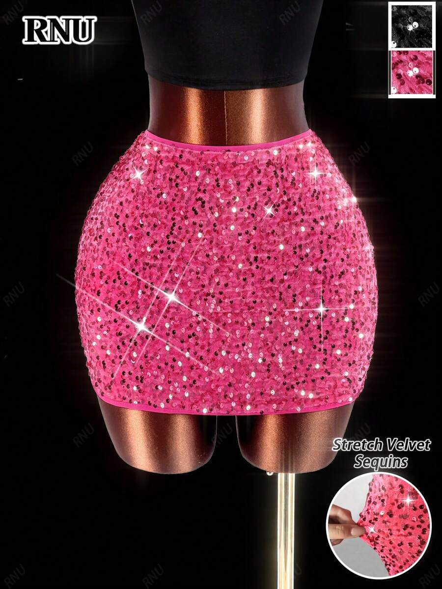 RNU 亮片丝绒紧身迷你裙，弹力休闲夜店装，适合情人节、办公室、派对、演唱会、日常穿着、生日、新年、度假、约会，春夏秋冬皆宜。 - 玫紅色 - 查看 1