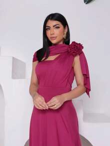 Women's Long Party Dress, One Shoulder, Draped With Slit – Elegant Fluit Fabric For Bridesmaids, Weddings, And Graduations – One Size Fits All. Elegant Asymmetrical Party Dress For Weddings. - 玫瑰紅 - 查看 4