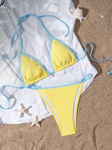 Bộ bikini Suntide kẻ sọc, họa tiết sọc vàng trắng, viền xanh nhạt, buộc dây bên hông, áo ngực tam giác kiểu yếm, đồ bơi 2 mảnh dành cho nữ, thích hợp cho kỳ nghỉ biển. - Màu vàng - Xem 5