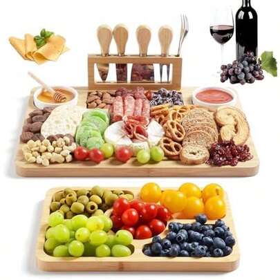 Tabla para Quesos, Tabla de Quesos, con Cuatro Cuchillos, Dos Recipientes y Una Bandeja, Tabla para Servir Botanas y Carnes Frías, Resistente al Agua, Fácil de Limpiar
