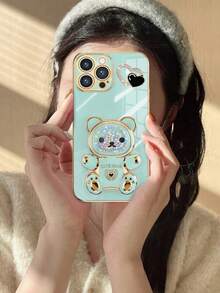 Funda de teléfono con forma de corazón con oso de goma con efecto arcoíris electrolizado, nuevo conjunto de funda de teléfono antideslizante con tecnología de electrolizado, incluye soporte oculto y funda completa, compatible con iPhone 17 16E 15 14 13 12 11 X XS Max XR Pro Plus, Galaxy S25 A07 A17, OPPO, HONOR, REDMI NOTE, REDMI A5, REALME C55, INFINIX SMART, Reno, MOTO