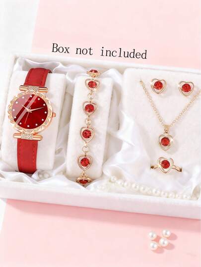 6/5 Pieces Of Stylish And Elegant Round Quartz Watches With Pointer Display. The Leather Strap Is Studded With Diamonds, Making It Luxurious And Suitable For Women To Wear. It Comes With A Jewelry Bracelet, Necklace, Ring, And Earrings Set