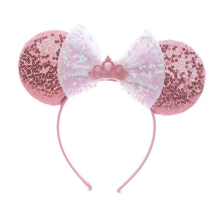 Disney 1pc Shiny Creative Cute Princess Queen Crown Theme Mouse Big Ear Sequin Headband, Student Party Costume Accessory - Pinkish White - View 1
