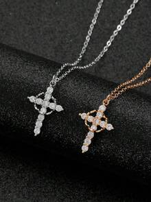 1件优雅闪亮立方氧化锆十字架吊坠项链，适合女士日常佩戴/情人节礼物 - 十字架項鍊 - 查看 7
