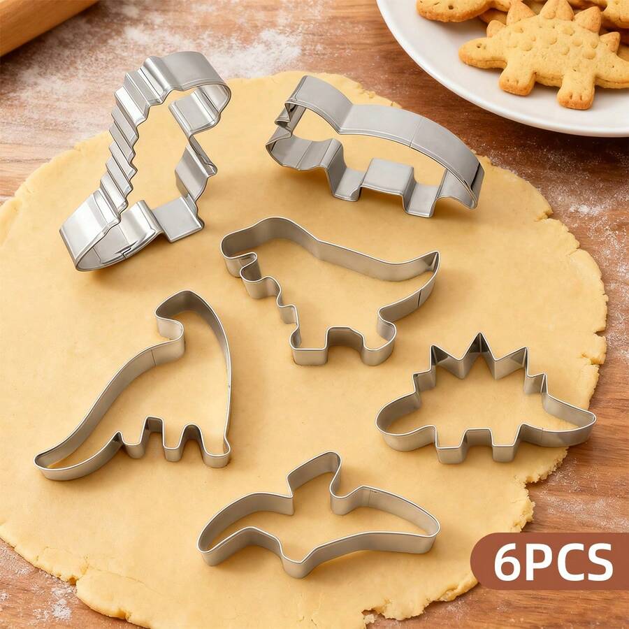 6 piezas Juego de moldes de cortadores de galletas con forma de dinosaurio, cortadores de galletas de acero inoxidable como regalo para niños, formas divertidas para hornear, rebanadores de frutas, utensilios de cocina DIY, decoración de pasteles, perfectos para fiestas de cumpleaños con temática de dinosaurios para niños - - - Ver 1