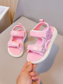 1双闪亮粉色时尚女童凉鞋，夏季儿童沙滩鞋露趾公主鞋 - 粉色 - 查看 6