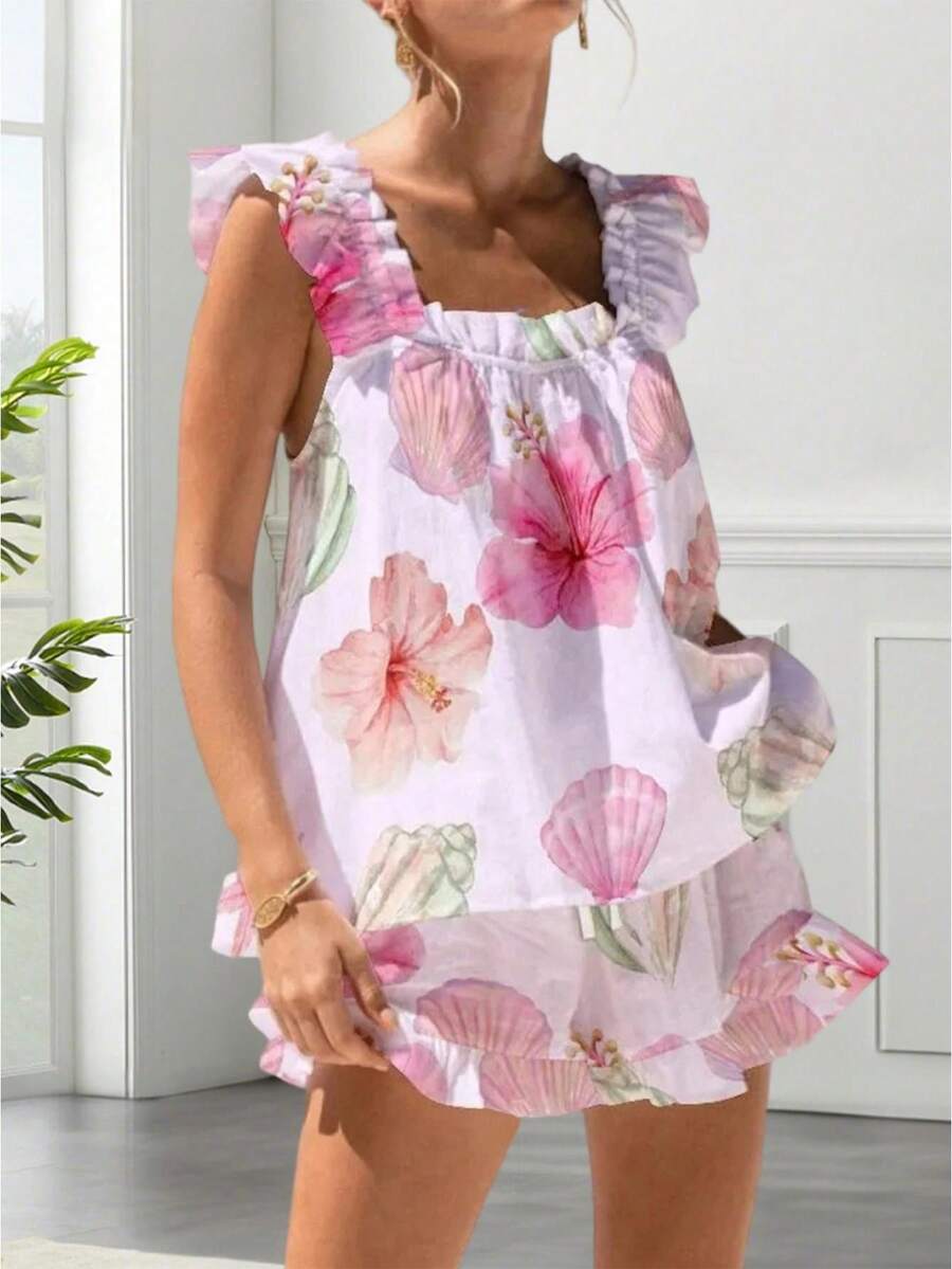 Womens Pajamas Set Bow Floral Print Ruffle Sleeveless Tank Top And Shorts Sleepwear Set Summer 2 Piece Outfits Women Floral Print Pajama Sets 2 Piece Lounge Set Ruffle Trim Sleeveless Top And Shorts Pjs Sleepwear - 粉底海棠花 - 查看 1