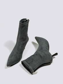 7cm Grey Suede Elastic Slim Fit Ankle Boots & Ankle Boots, Comfortable & Fashionable High Heel Pointed Toe Women Boots - Grey - View 2
