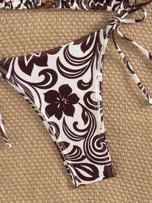 Bộ bikini buộc dây lưng họa tiết lá phong cách Boho dễ thương dành cho nữ, kèm quần lọt khe co giãn cao, mang đến vẻ ngoài thời trang trên bãi biển - Màu be - Xem 5