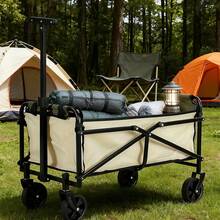 Collapsible Outdoor Wagon Trolley Cart Folding Dining Table Metal Frame Collapsible 360° Swivel Wheel With Brake Storage Car Adjustable Handle Camping Beach Gardening Shopping Lawn Fishing Picnic - Màu be - Xem 1