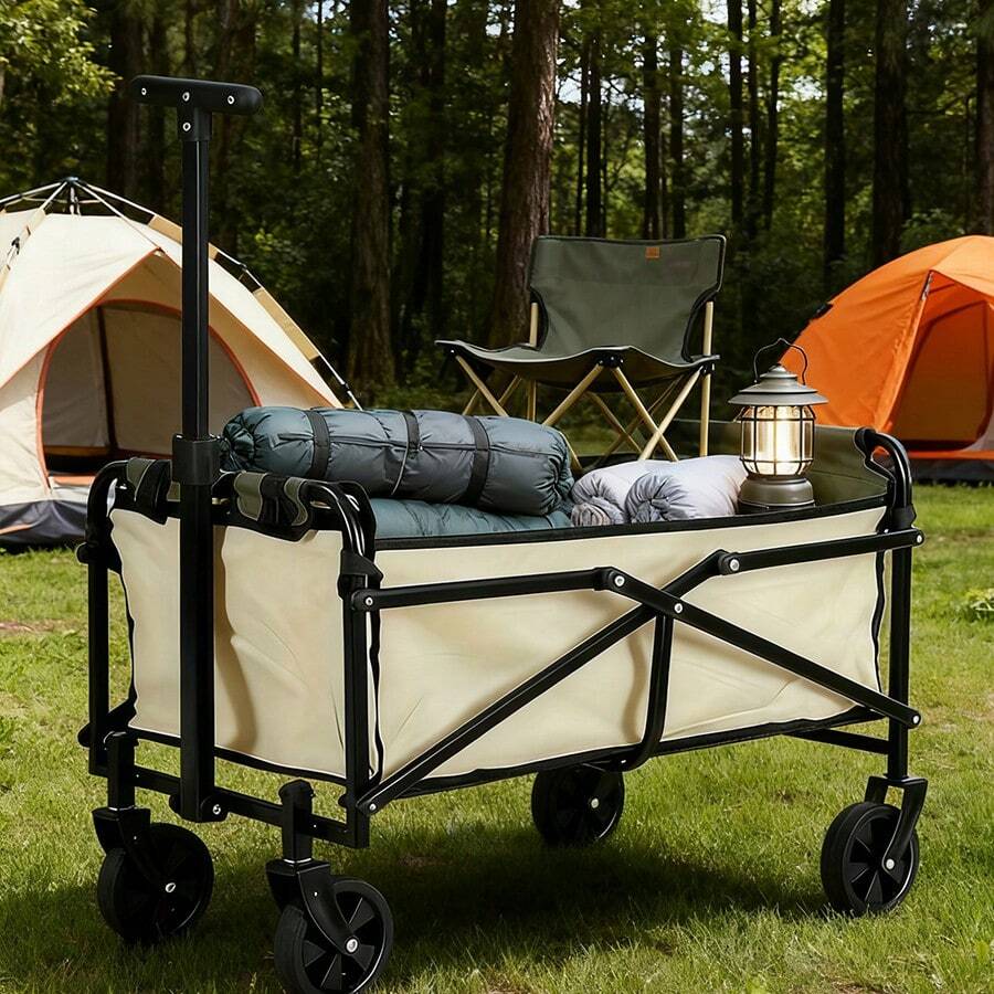 Collapsible Outdoor Wagon Trolley Cart Folding Dining Table Metal Frame Collapsible 360° Swivel Wheel With Brake Storage Car Adjustable Handle Camping Beach Gardening Shopping Lawn Fishing Picnic - Màu be - Xem 1