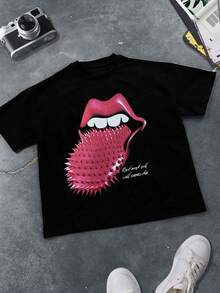 Men's Round Neck Short Sleeve T-Shirt With Creative Red Lip And Tongue Print, Minimalist Graphic Casual Everyday Wear - Black - View 1