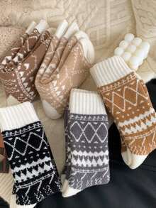 5双装女士复古菱形图案抓绒袜，加厚保暖，适合秋冬季节，户外防寒