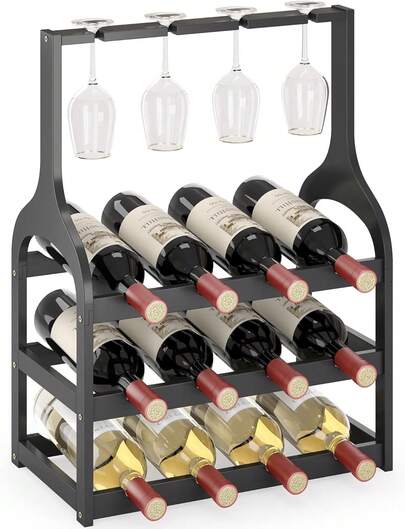 Wine Rack Countertop For 12 Wine Bottles And 4 Glass Holder, Small Bamboo Free Standing Racks Tabletop Display, Wooden Wine Storage Organizer For Cabinet Pantry Kitchen Bar Home Dining Room ()
