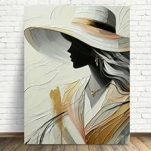 Impresión de arte abstracto de una sola pieza plana 2D, elegante dama con sombrero - Retro moderno, dorado, marrón, verde, rosa, naranja, rojo, morado - Decoración de pared en lienzo con marco de madera - Multicolor - Ver 9