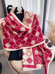 1pc Faux Cashmere Minimalist Elegant Star Pattern Jacquard Warm Scarf, Suitable For Women, Air-Conditioned Room, Autumn/Winter, Fashion, Versatile, Neck Warmer, Shawl, Ideal Gift - Red - View 2